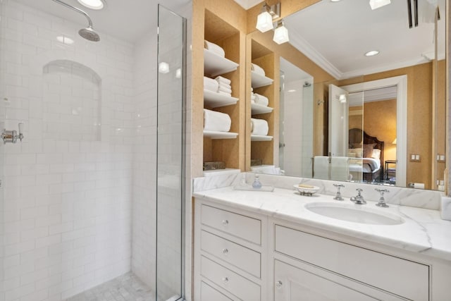 199 E Lake Shore Dr Unit 3, Chicago, IL 60611 - ensuite bathroom with a shower stall, vanity, and crown molding