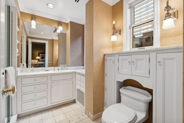 199 E Lake Shore Dr Unit 3, Chicago, IL 60611 - bathroom featuring crown molding, vanity, toilet, recessed lighting, and baseboards