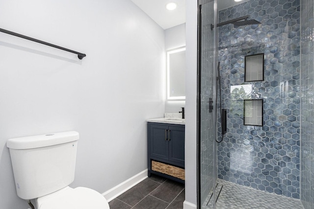 11S561 Saratoga Ave, Lemont, IL 60439 - full bath featuring toilet, vanity, a stall shower, and baseboards
