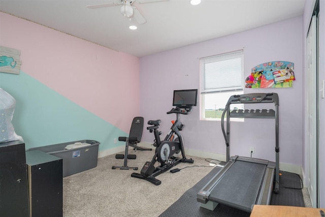 17469 N 300 E Rd, Flanagan, IL 61740 - exercise room with ceiling fan, recessed lighting, carpet flooring, and baseboards