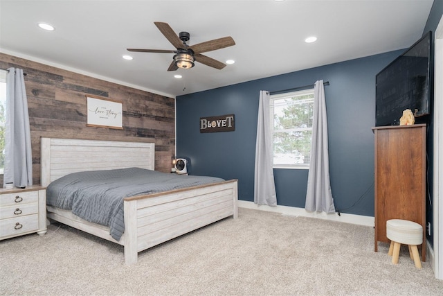17469 N 300 E Rd, Flanagan, IL 61740 - bedroom featuring an accent wall, recessed lighting, wooden walls, carpet floors, and ceiling fan