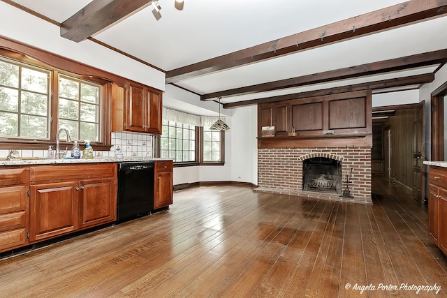21293 N Andover Rd, Kildeer, IL 60047 - kitchen featuring black dishwasher, dark wood finished floors, beam ceiling, backsplash, and light stone counters