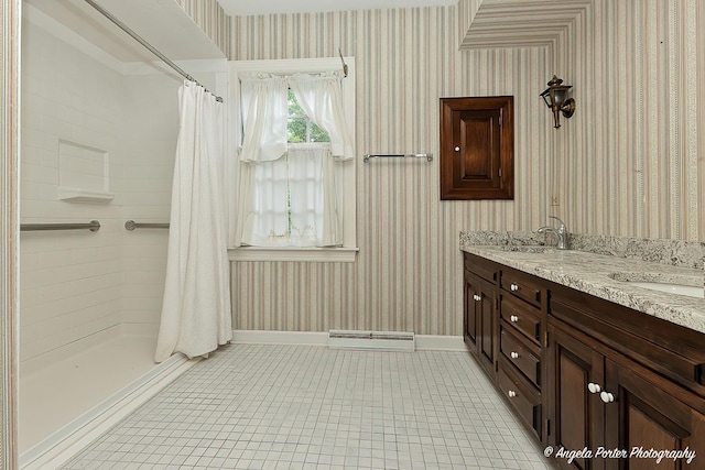 21293 N Andover Rd, Kildeer, IL 60047 - bathroom featuring tile patterned floors, curtained shower, wallpapered walls, and double vanity