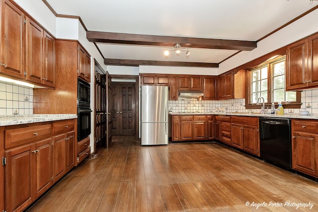 21293 N Andover Rd, Kildeer, IL 60047 - kitchen featuring black appliances, dark wood-style floors, under cabinet range hood, decorative backsplash, and beamed ceiling