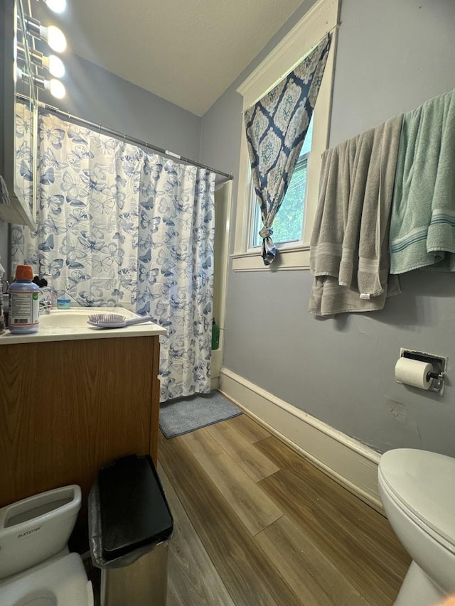 1309 S Main St, Bloomington, IL 61701 - bathroom with toilet, wood finished floors, vanity, a shower with shower curtain, and baseboards
