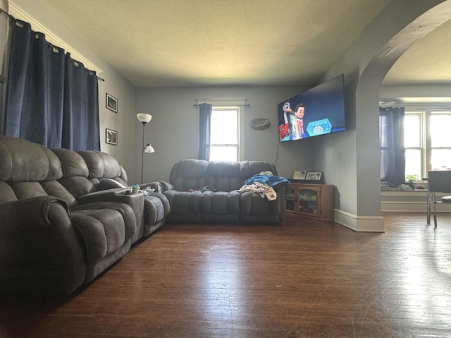 1309 S Main St, Bloomington, IL 61701 - living room featuring arched walkways, wood finished floors, and baseboards