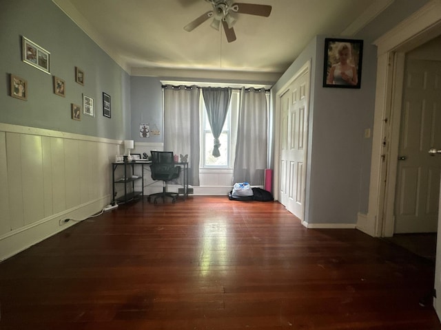 1309 S Main St, Bloomington, IL 61701 - home office featuring ceiling fan, wood finished floors, and wainscoting