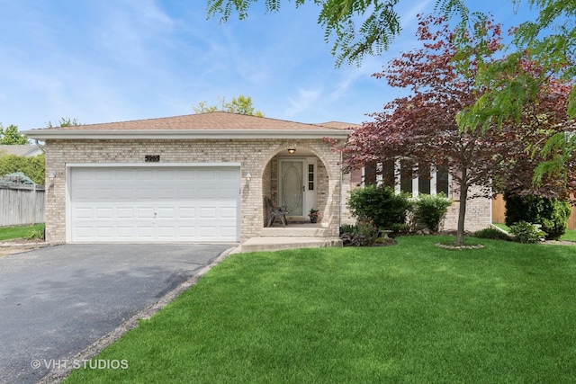 5203 Brighton Ln, Plainfield, IL 60586 - ranch-style home featuring asphalt driveway, brick siding, a front yard, a garage, and roof with shingles