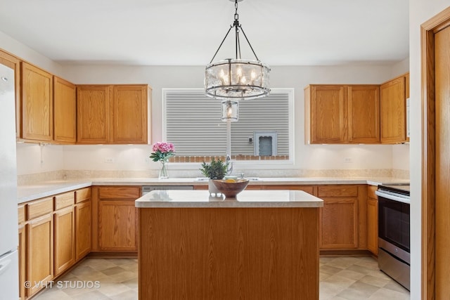 5203 Brighton Ln, Plainfield, IL 60586 - kitchen featuring stainless steel electric range oven, a chandelier, a center island, and light countertops