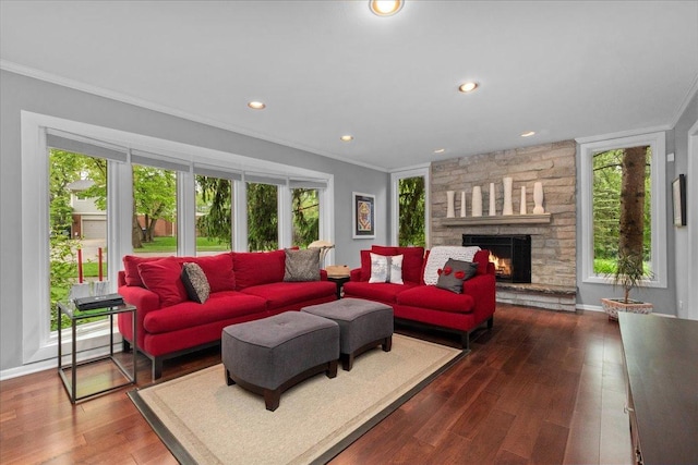 185 Carlisle Ave, Deerfield, IL 60015 - living room featuring plenty of natural light, ornamental molding, hardwood / wood-style floors, a fireplace, and recessed lighting