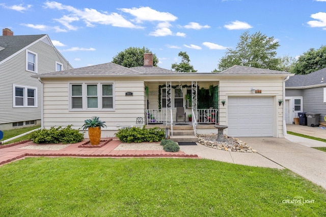 311 S Clifton Ave, Elgin, IL 60123 - ranch-style home featuring a porch, concrete driveway, an attached garage, a front lawn, and a chimney
