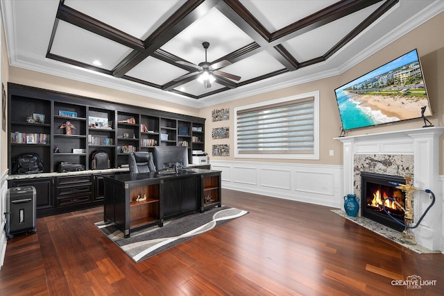 4748 Sassafras Ln, Naperville, IL 60564 - home office featuring ceiling fan, a high end fireplace, coffered ceiling, ornamental molding, and dark wood finished floors