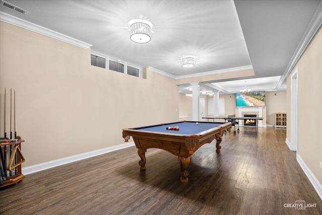 4748 Sassafras Ln, Naperville, IL 60564 - playroom featuring ornate columns, wood finished floors, pool table, baseboards, and crown molding
