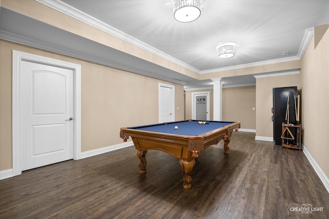 4748 Sassafras Ln, Naperville, IL 60564 - game room with wood finished floors, baseboards, billiards table, ornate columns, and crown molding