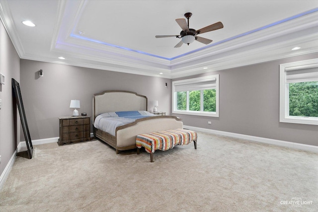 4748 Sassafras Ln, Naperville, IL 60564 - carpeted bedroom with a tray ceiling, ornamental molding, recessed lighting, baseboards, and a ceiling fan