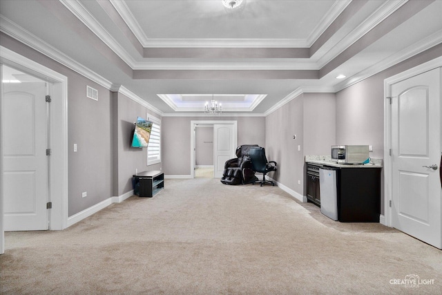 4748 Sassafras Ln, Naperville, IL 60564 - hall with a raised ceiling, light carpet, baseboards, ornamental molding, and a desk