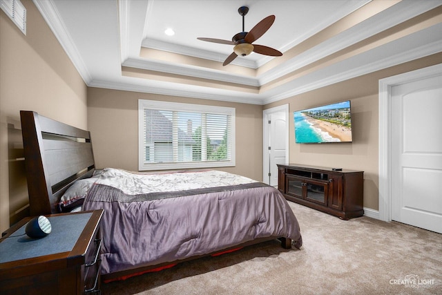 4748 Sassafras Ln, Naperville, IL 60564 - bedroom featuring crown molding, light colored carpet, a tray ceiling, a ceiling fan, and recessed lighting