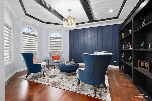 4748 Sassafras Ln, Naperville, IL 60564 - sitting room with a chandelier, ornamental molding, baseboards, dark wood-style floors, and beam ceiling