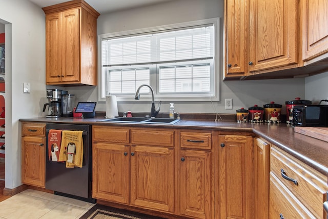 3807 Sandstone Dr, Champaign, IL 61822 - kitchen with a sink, dishwashing machine, dark countertops, brown cabinets, and light tile patterned floors