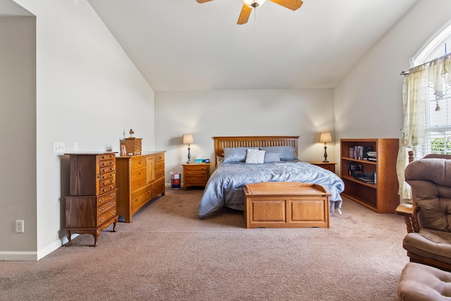 3807 Sandstone Dr, Champaign, IL 61822 - bedroom with light colored carpet, a ceiling fan, baseboards, and lofted ceiling