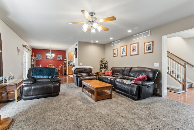 3807 Sandstone Dr, Champaign, IL 61822 - living area featuring ceiling fan, stairway, wood finished floors, and recessed lighting