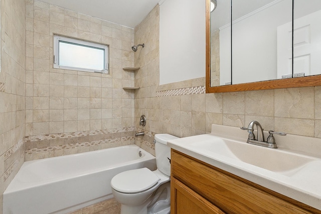 21402 S 79th Ave, Frankfort, IL 60423 - bathroom featuring toilet, shower / washtub combination, vanity, and tile walls
