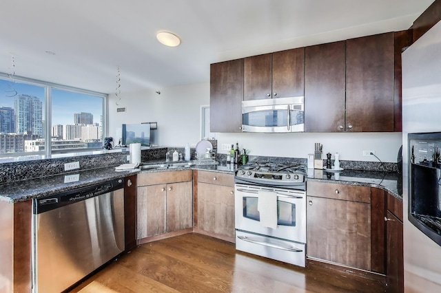 757 N Orleans St Unit 909, Chicago, IL 60654 - kitchen with stainless steel appliances, wood finished floors, a peninsula, and dark stone countertops