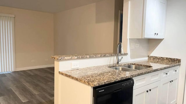 633 Virginia Rd Unit 116, Crystal Lake, IL 60014 - kitchen featuring black dishwasher, a sink, dark wood finished floors, a peninsula, and light stone counters