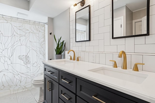 212 E 11th Ave, Naperville, IL 60563 - full bath featuring decorative backsplash, toilet, double vanity, and a shower with shower curtain