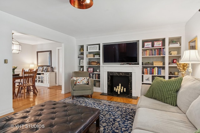 212 E 11th Ave, Naperville, IL 60563 - living room with wood finished floors, built in shelves, a high end fireplace, and baseboards