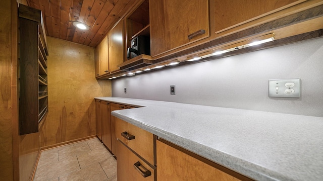 605 N 4th St, Oregon, IL 61061 - kitchen featuring open shelves, brown cabinetry, wooden ceiling, light countertops, and recessed lighting