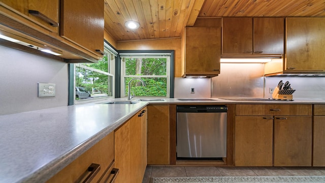 605 N 4th St, Oregon, IL 61061 - kitchen with stainless steel dishwasher, a sink, wood ceiling, brown cabinetry, and recessed lighting