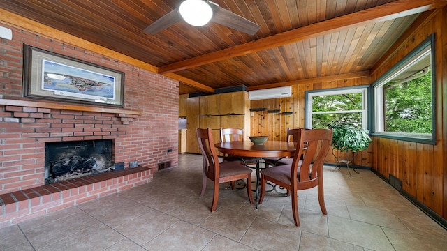 605 N 4th St, Oregon, IL 61061 - dining space featuring wooden ceiling with exposed beams, wooden walls, tile patterned flooring, a wall mounted air conditioner, and a ceiling fan