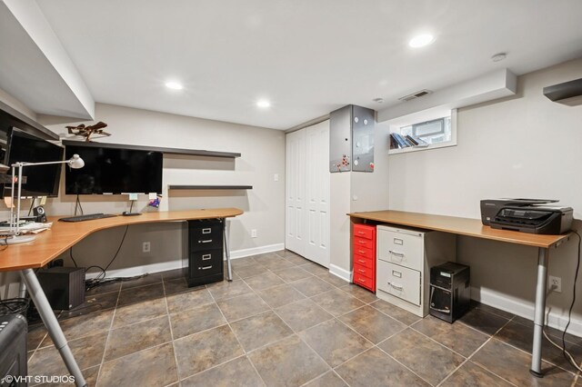 4218 N California Ave, Chicago, IL 60618 - home office featuring recessed lighting, baseboards, and dark tile patterned floors