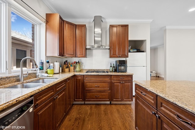 4218 N California Ave, Chicago, IL 60618 - kitchen with wall chimney exhaust hood, stainless steel appliances, a sink, dark wood-style flooring, and crown molding