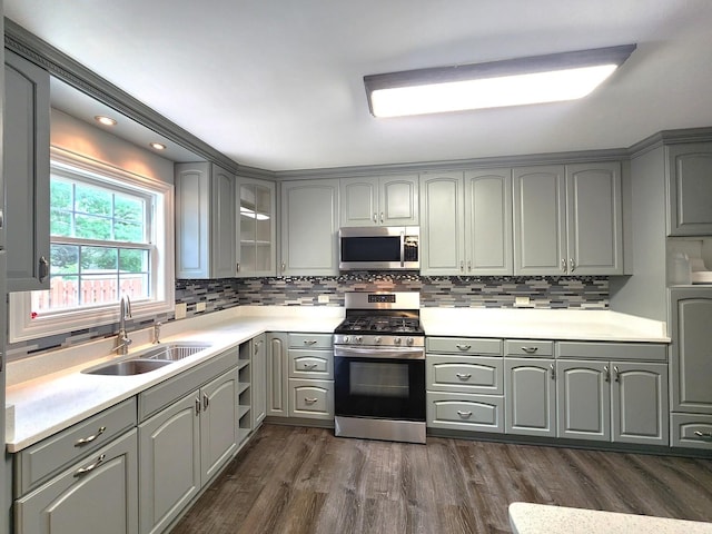 5115 E Ln, Mchenry, IL 60050 - kitchen featuring gray cabinetry, appliances with stainless steel finishes, a sink, and dark wood finished floors
