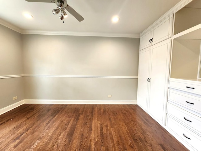 5115 E Ln, Mchenry, IL 60050 - unfurnished bedroom with dark wood-style flooring, baseboards, ornamental molding, a ceiling fan, and recessed lighting