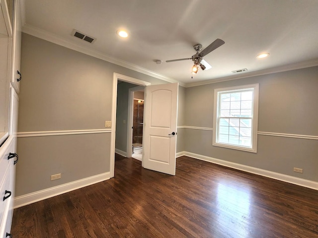 5115 E Ln, Mchenry, IL 60050 - unfurnished room featuring a ceiling fan, baseboards, dark wood-style flooring, ornamental molding, and recessed lighting
