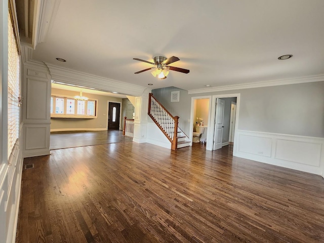 5115 E Ln, Mchenry, IL 60050 - unfurnished living room featuring stairs, ornamental molding, a chandelier, ceiling fan, and dark wood-type flooring