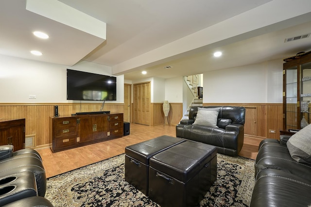 1605 E Euclid Ave, Arlington Heights, IL 60004 - living area with a wainscoted wall, wood walls, stairway, wood finished floors, and recessed lighting