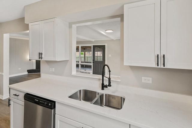 3413 N Schultz Dr, Lansing, IL 60438 - kitchen featuring dishwasher, a sink, white cabinets, wood finished floors, and beamed ceiling
