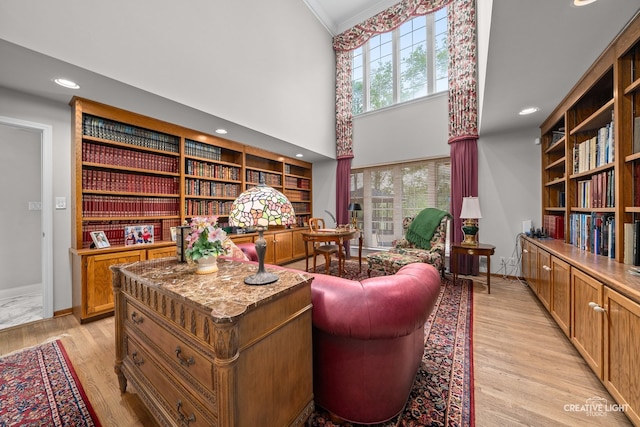 1900 Millburne Rd, Lake Forest, IL 60045 - office area with recessed lighting, ornamental molding, built in shelves, baseboards, and light wood finished floors