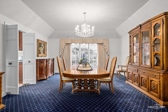 1900 Millburne Rd, Lake Forest, IL 60045 - dining room with a chandelier, dark carpet, vaulted ceiling, and baseboards