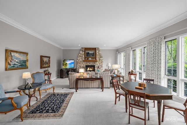 1900 Millburne Rd, Lake Forest, IL 60045 - dining space featuring crown molding, a stone fireplace, light colored carpet, and baseboards
