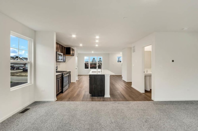 358 Bridgeview Ct, Saint Charles, IL 60174 - kitchen featuring stainless steel appliances, a sink, carpet flooring, light countertops, and recessed lighting