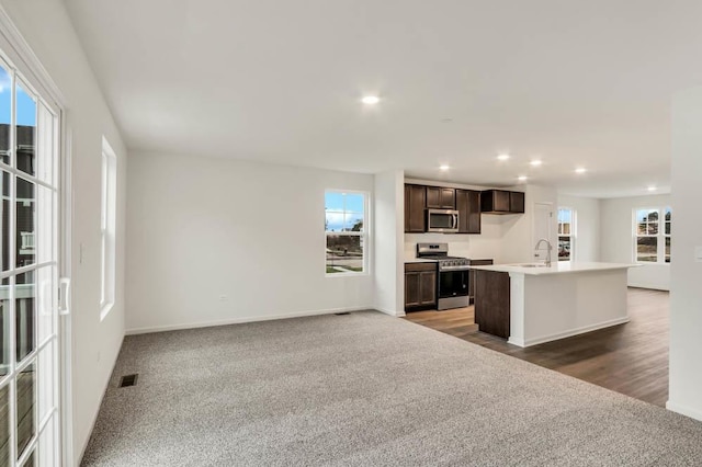 358 Bridgeview Ct, Saint Charles, IL 60174 - kitchen with stainless steel appliances, dark brown cabinetry, recessed lighting, an island with sink, and open floor plan