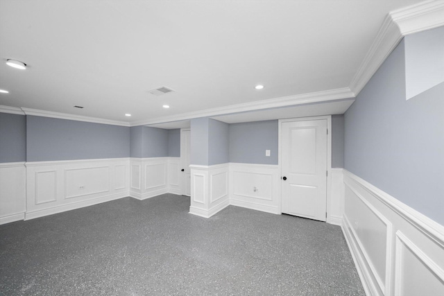 9632 S Yale Ave, Chicago, IL 60628 - spare room with a wainscoted wall, crown molding, a decorative wall, and recessed lighting