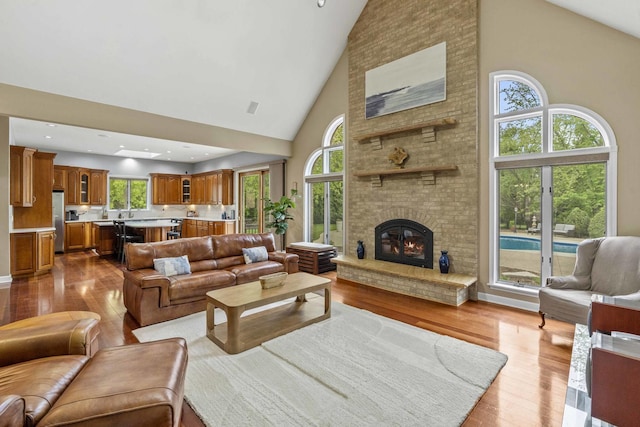 8600 Beall St, Dyer, IN 46311 - living area featuring high vaulted ceiling, dark wood-style floors, and a fireplace