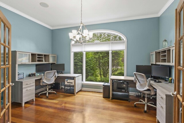 8600 Beall St, Dyer, IN 46311 - office with a chandelier, ornamental molding, and hardwood / wood-style flooring