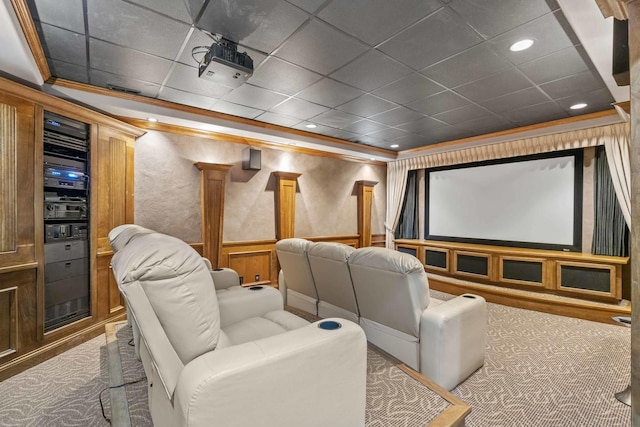 8600 Beall St, Dyer, IN 46311 - carpeted home theater featuring crown molding, a wainscoted wall, a drop ceiling, and a decorative wall